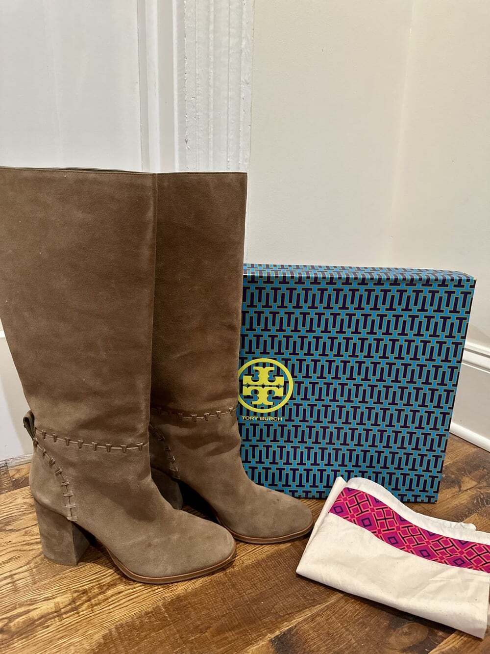 Tory Burch Contraire 90MM Suede Knee High Boots River Rock Size 11 + Box